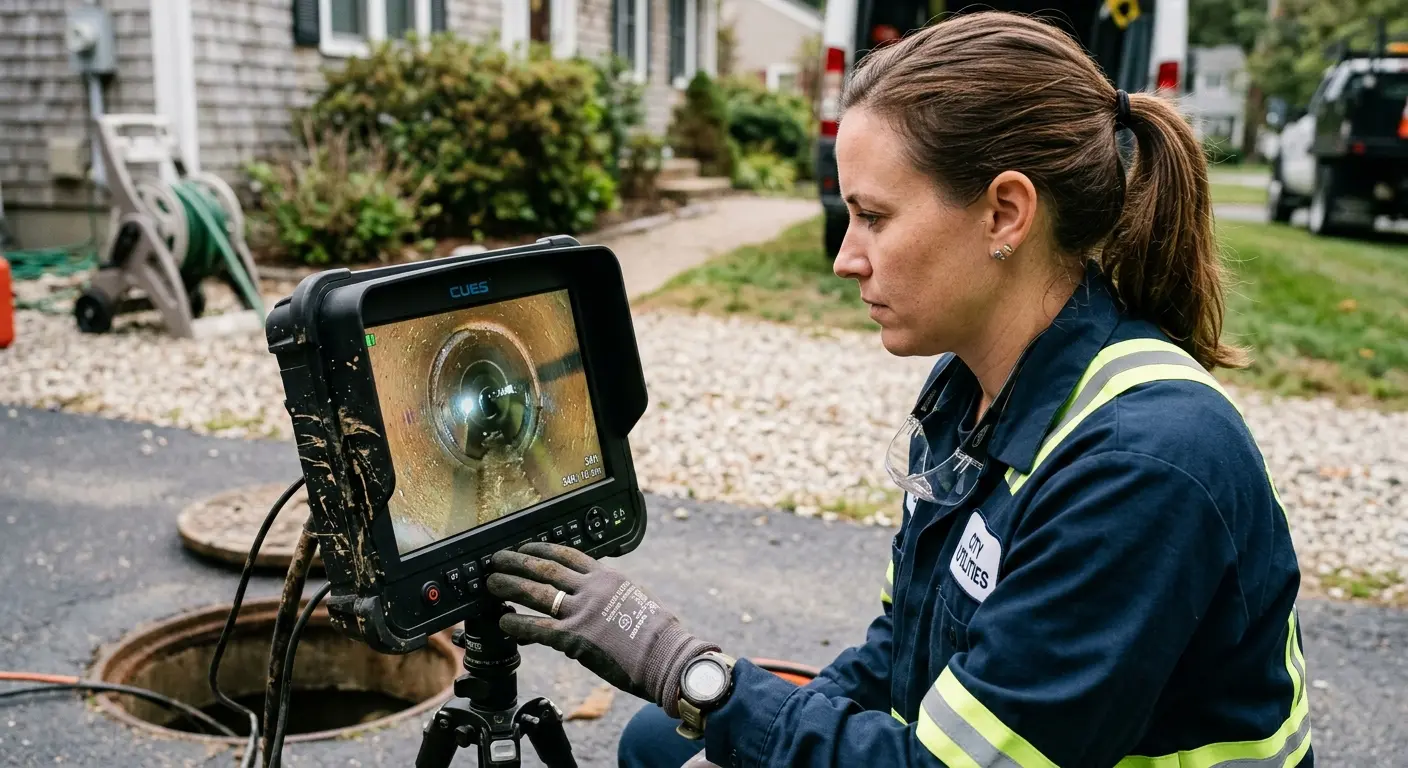 Technician reviewing sewer camera inspection footage in Burleson