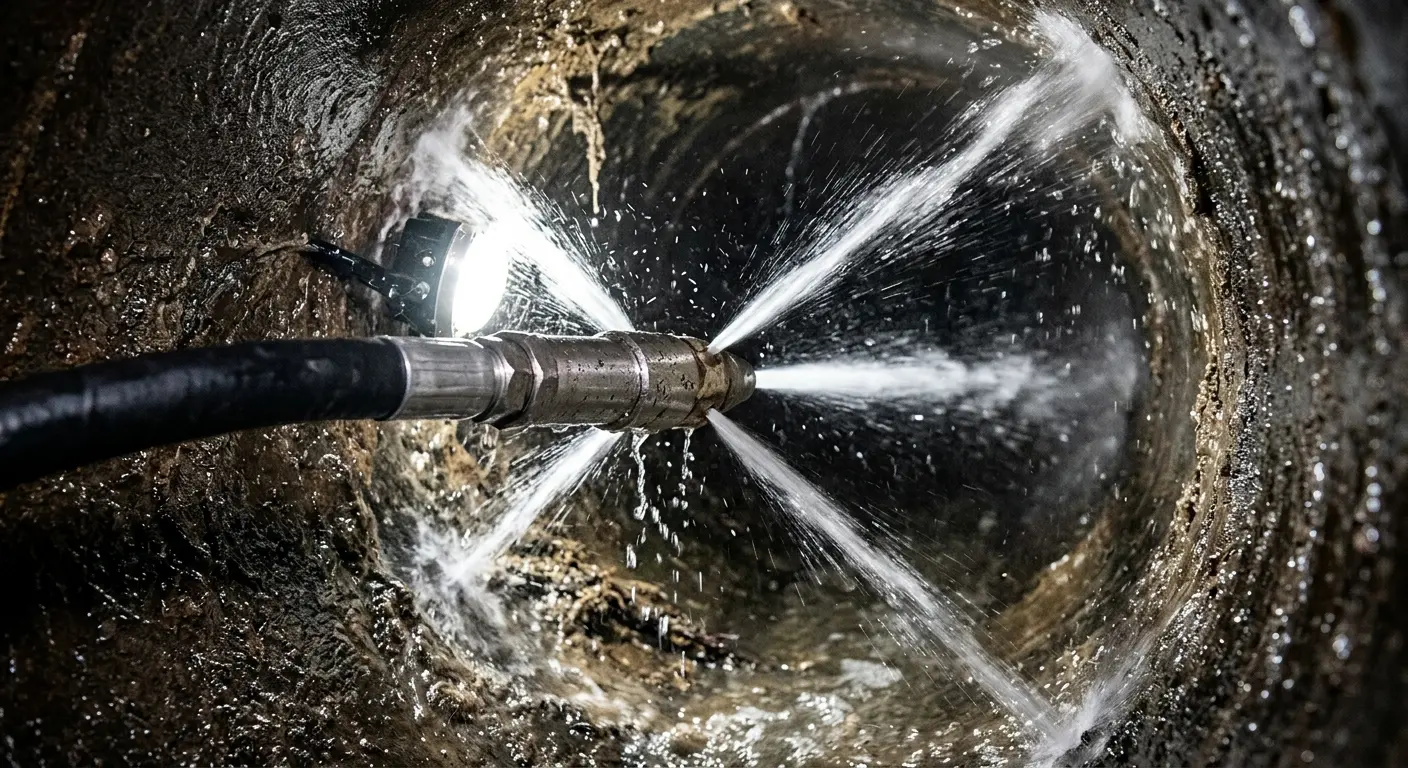 High-pressure hydro jetting nozzle cleaning sewer pipe for Sewer Line Relining in Burleson