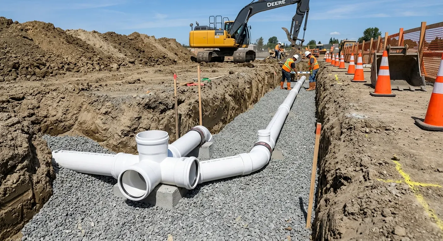 New PVC sewer pipe installation in open trench for Grease Trap Cleaning in Burleson