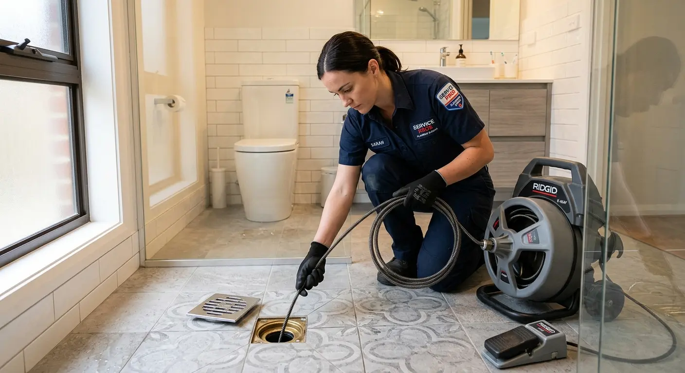 Technician clearing a bathroom floor drain for Sewer Line Replacement in Burleson